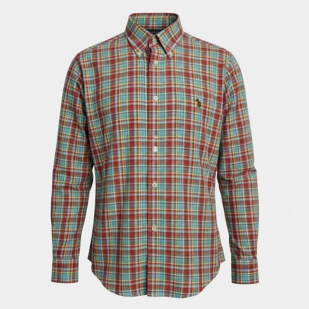 Southern Casanova Mens Medium Plaid Button Down Shirt Red Teal Long Sleeve Logo